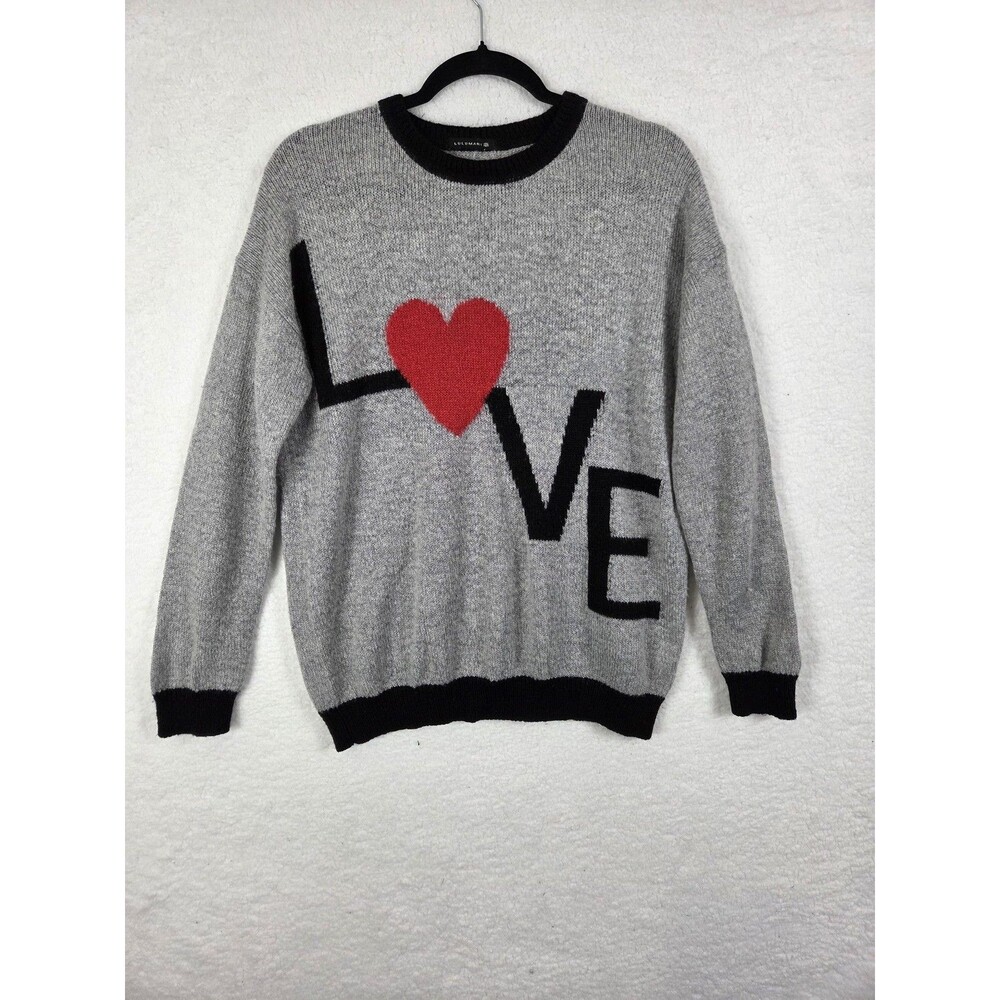 Womens LOVE Sweater Red Heart Graphic Knit Pullover Grey Black Trim Cozy Winter